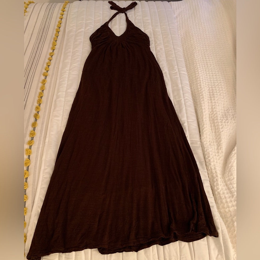 ella moss, halter neck, open back, long dark brown size small dress.
